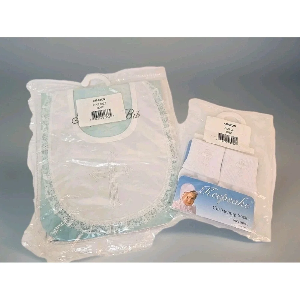 Infant Baptism Christening white embroidered Cross socks and Bib